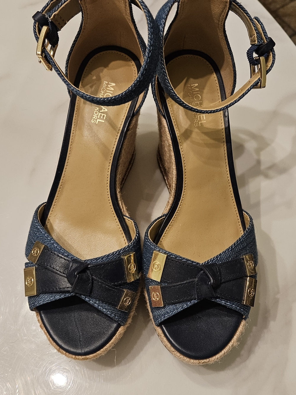 MICHAEL Michael Kors Navy Denim & Tan Jute Wedge Sandals with Gold Hardware - Picture 2 of 6